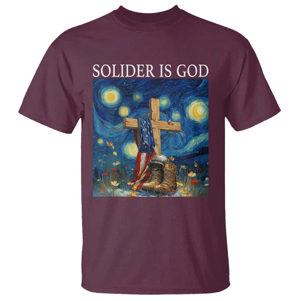 Army Christian T Shirt Soldier Cross Starry Night Faith Patriotic Jesus TS14 Maroon Print Your Wear
