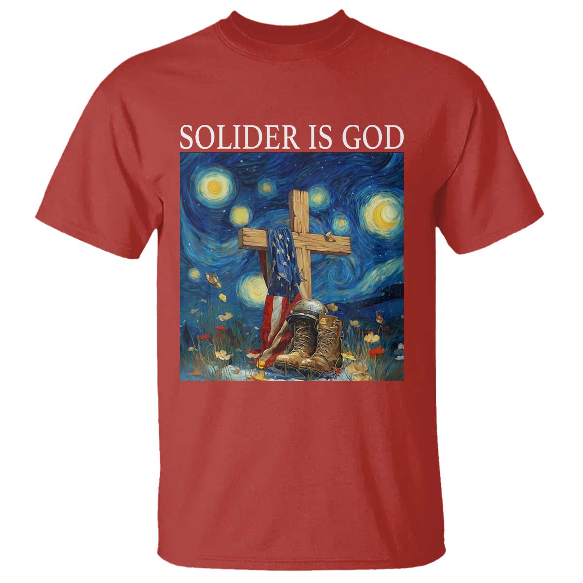 Army Christian T Shirt Soldier Cross Starry Night Faith Patriotic Jesus TS14 Red Print Your Wear
