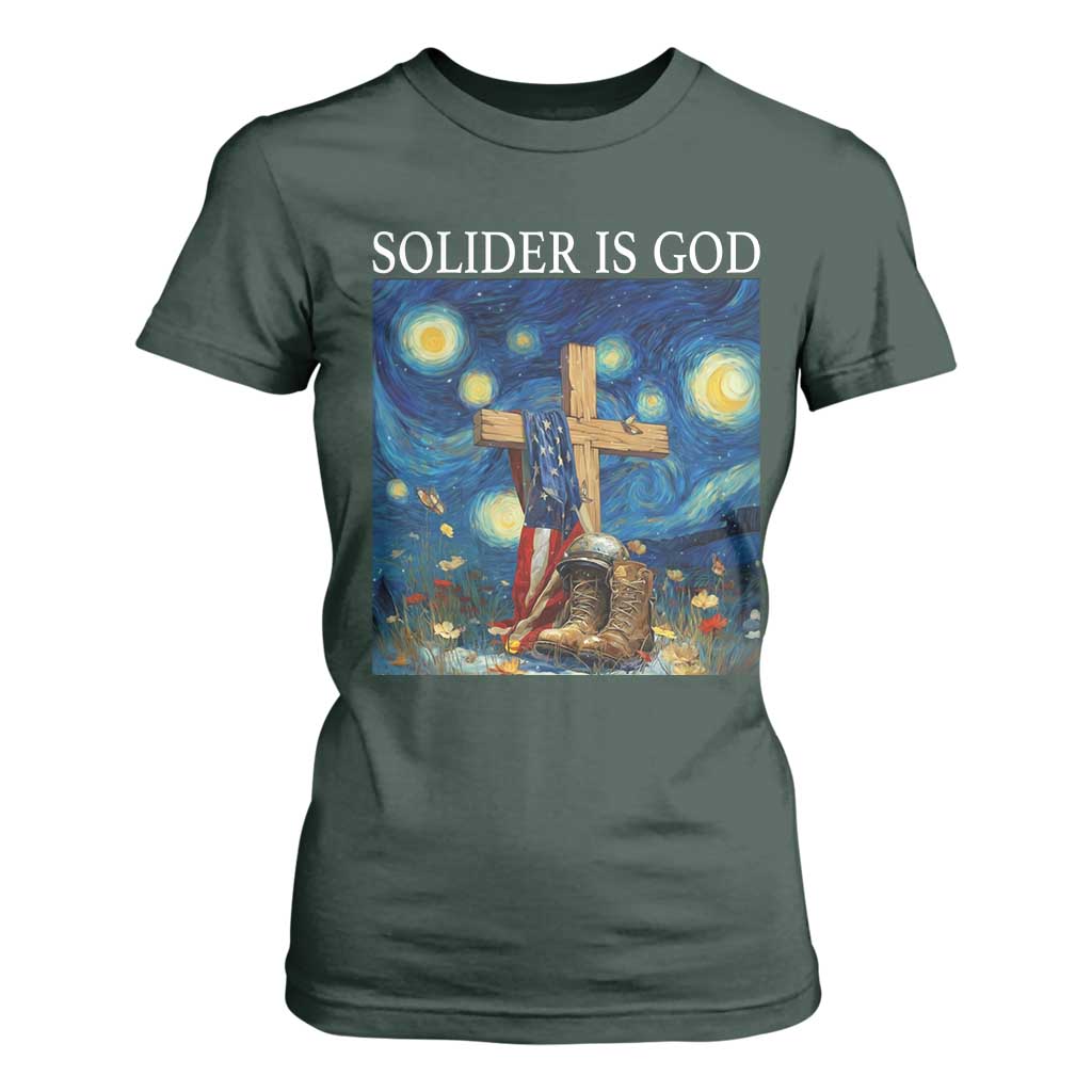 Army Christian T Shirt For Women Soldier Cross Starry Night Faith Patriotic Jesus TS14 Dark Forest Green Print Your Wear