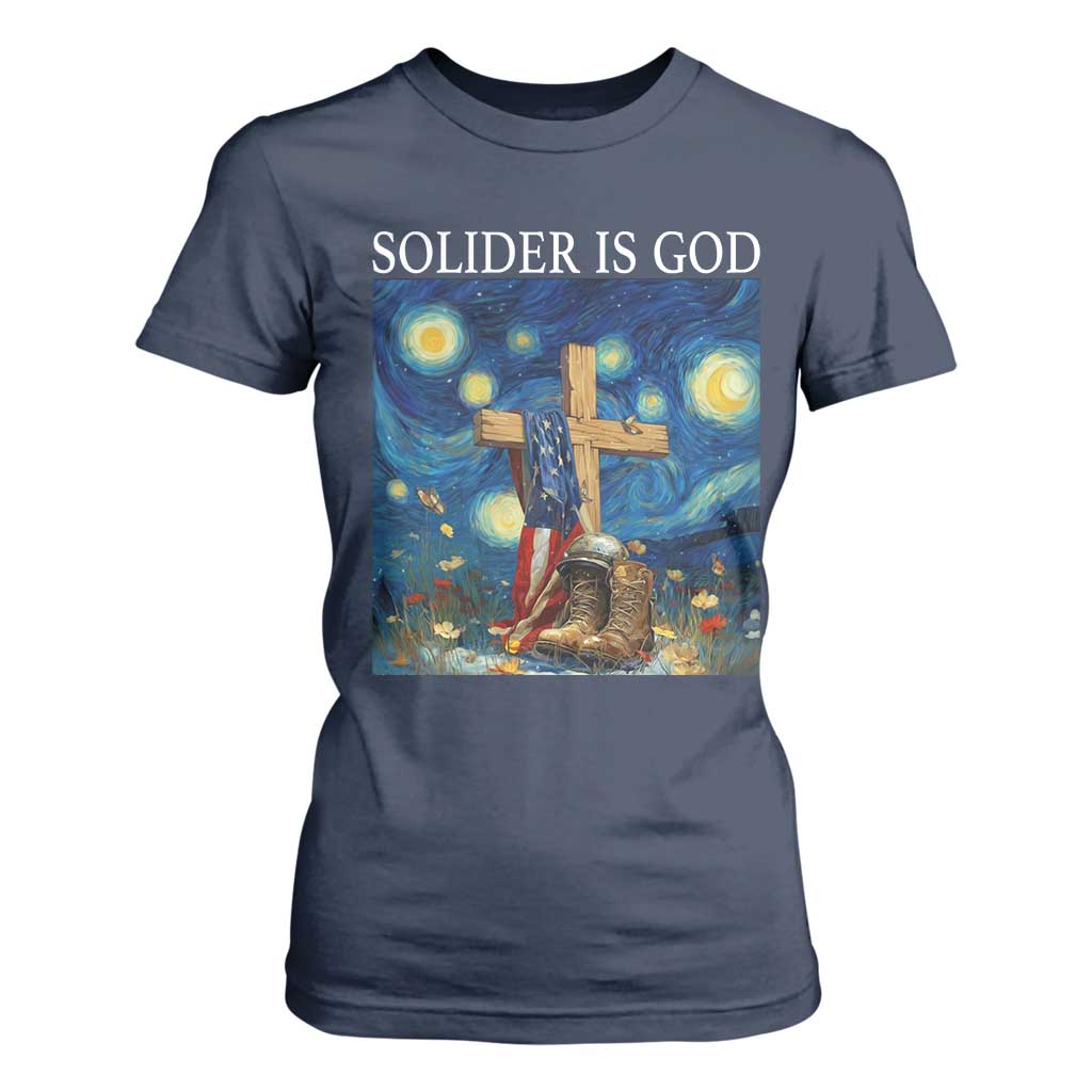 Army Christian T Shirt For Women Soldier Cross Starry Night Faith Patriotic Jesus TS14 Navy Print Your Wear