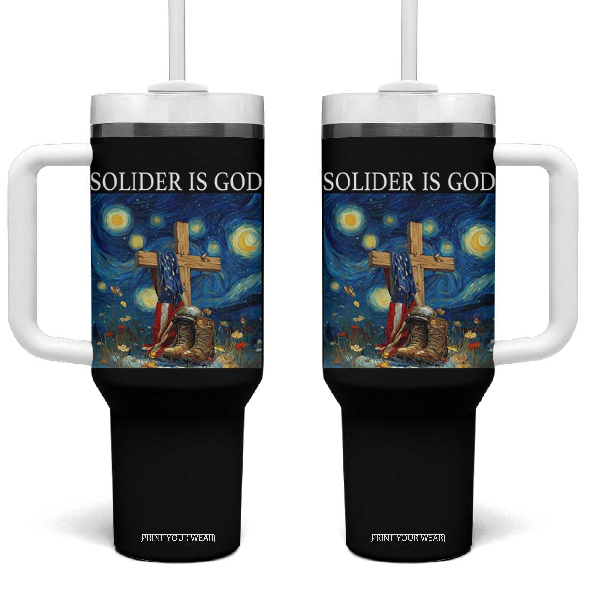 Army Christian Tumbler With Handle Soldier Cross Starry Night Faith Patriotic Jesus TS14 One Size: 40 oz Black Print Your Wear