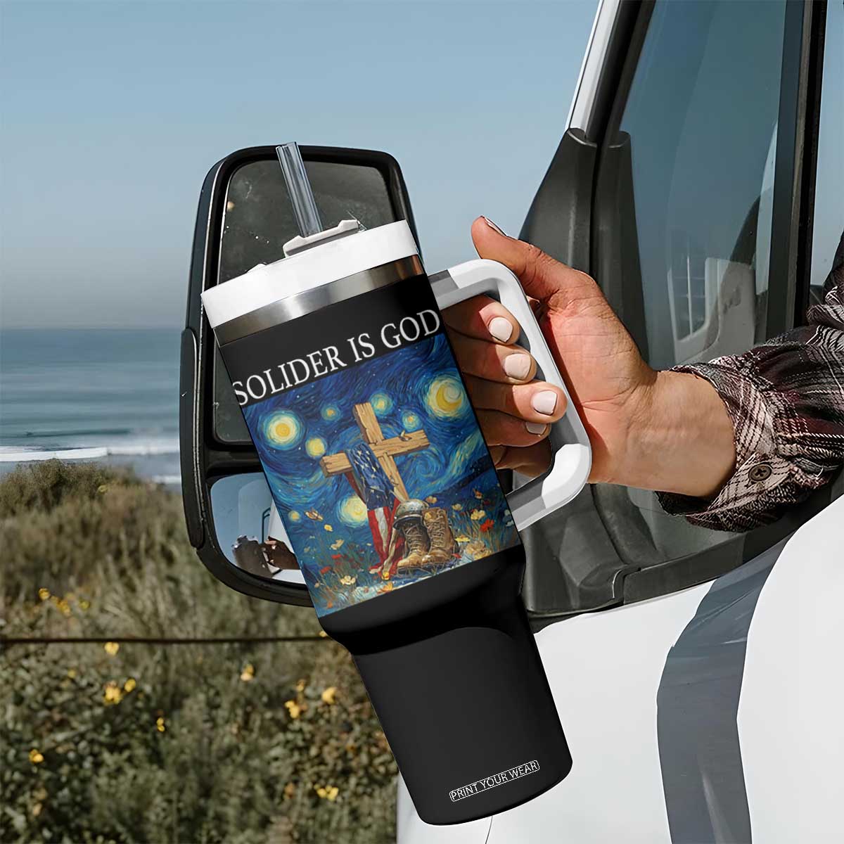 Army Christian Tumbler With Handle Soldier Cross Starry Night Faith Patriotic Jesus TS14 Print Your Wear