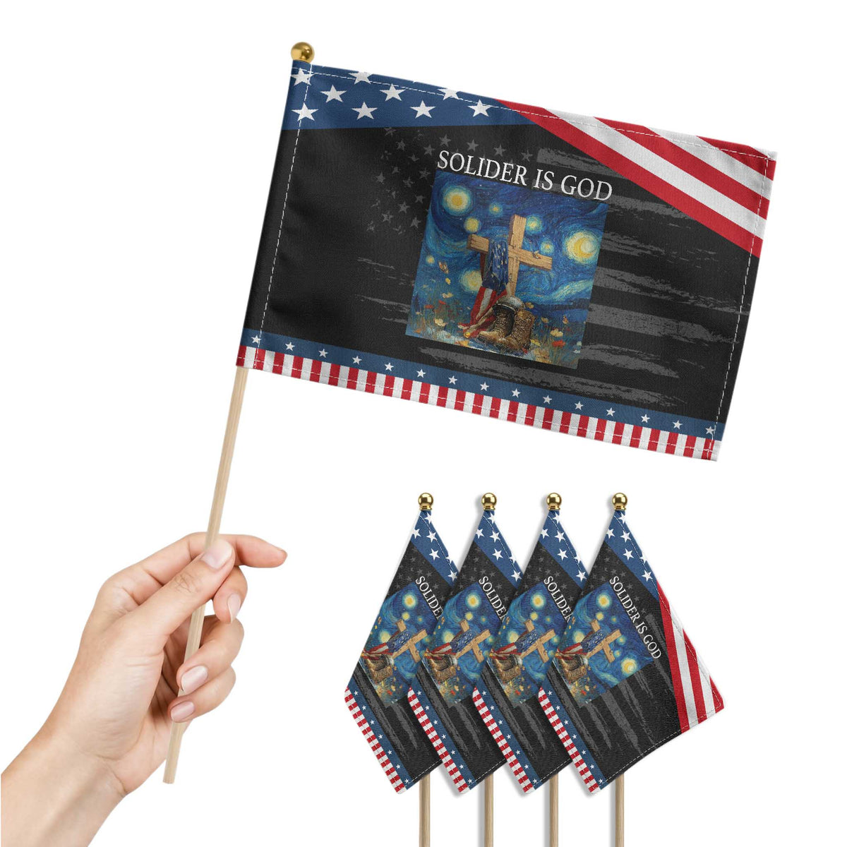 Army Christian Patriotic Handheld Flag Soldier Cross Starry Night Faith Jesus