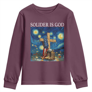 Army Christian Youth Sweatshirt Soldier Cross Starry Night Faith Patriotic Jesus TS14 Maroon Print Your Wear