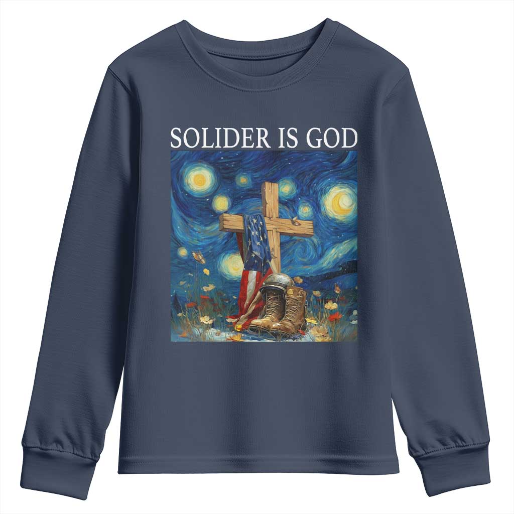 Army Christian Youth Sweatshirt Soldier Cross Starry Night Faith Patriotic Jesus TS14 Navy Print Your Wear