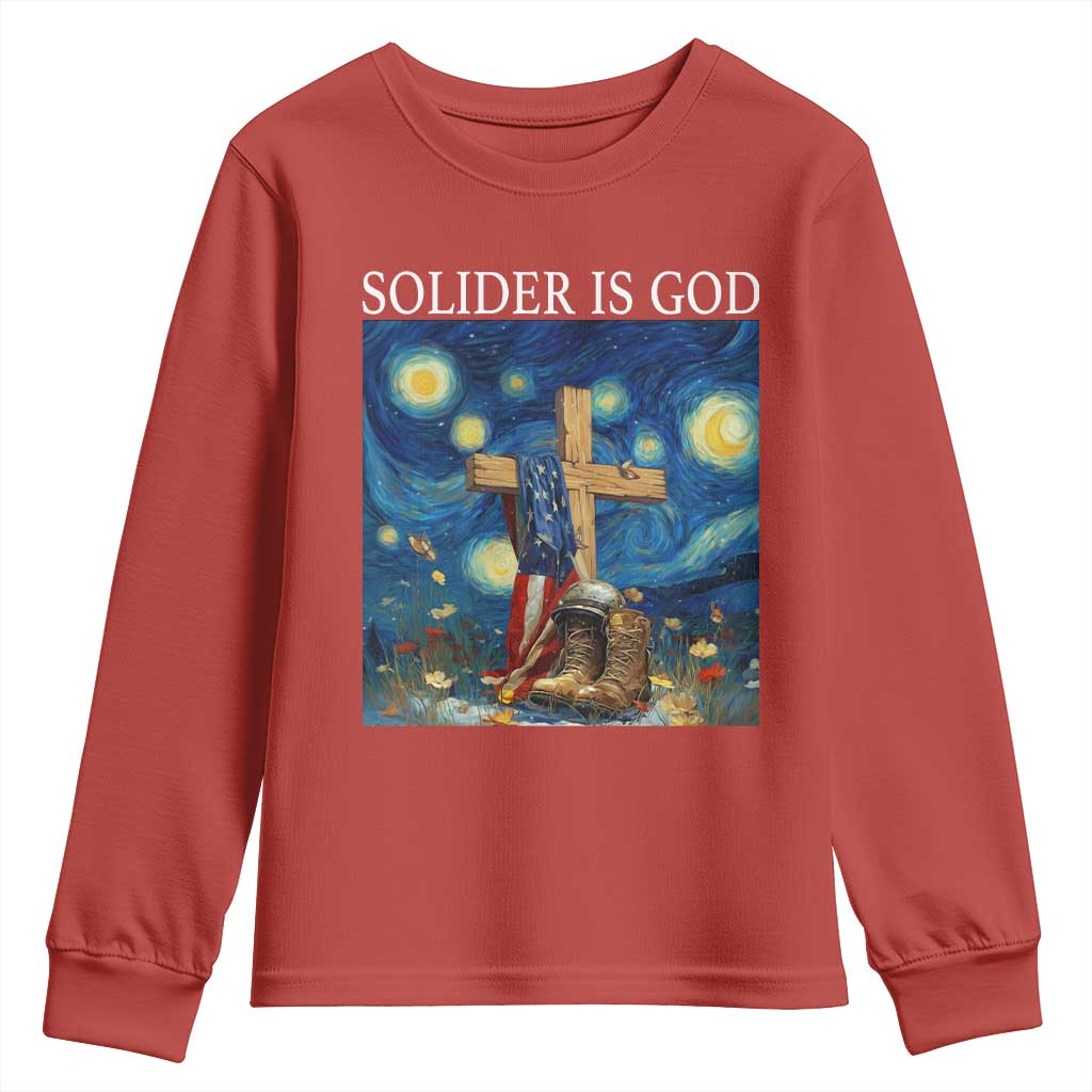Army Christian Youth Sweatshirt Soldier Cross Starry Night Faith Patriotic Jesus TS14 Red Print Your Wear