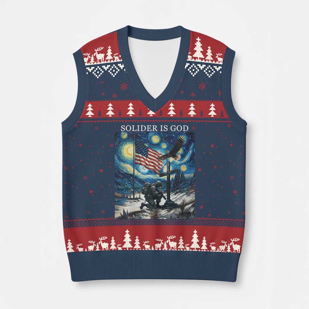Solider Army Christian V-Neck Knit Sweater Vest Cross Starry Night Faith Patriotic Jesus TS14 Navy Red Print Your Wear