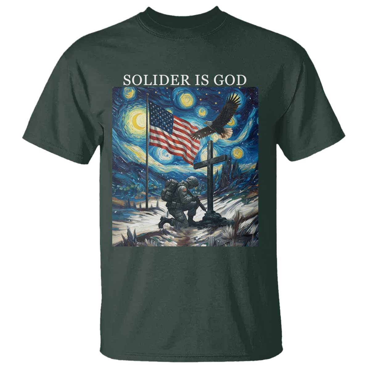Solider Army Christian T Shirt Cross Starry Night Faith Patriotic Jesus TS14 Dark Forest Green Print Your Wear
