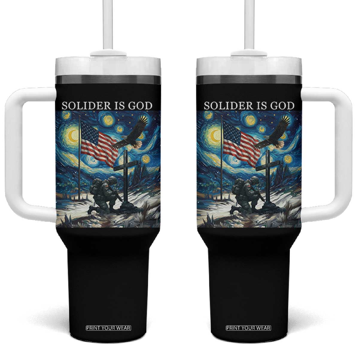 Solider Army Christian Tumbler With Handle Cross Starry Night Faith Patriotic Jesus TS14 One Size: 40 oz Black Print Your Wear