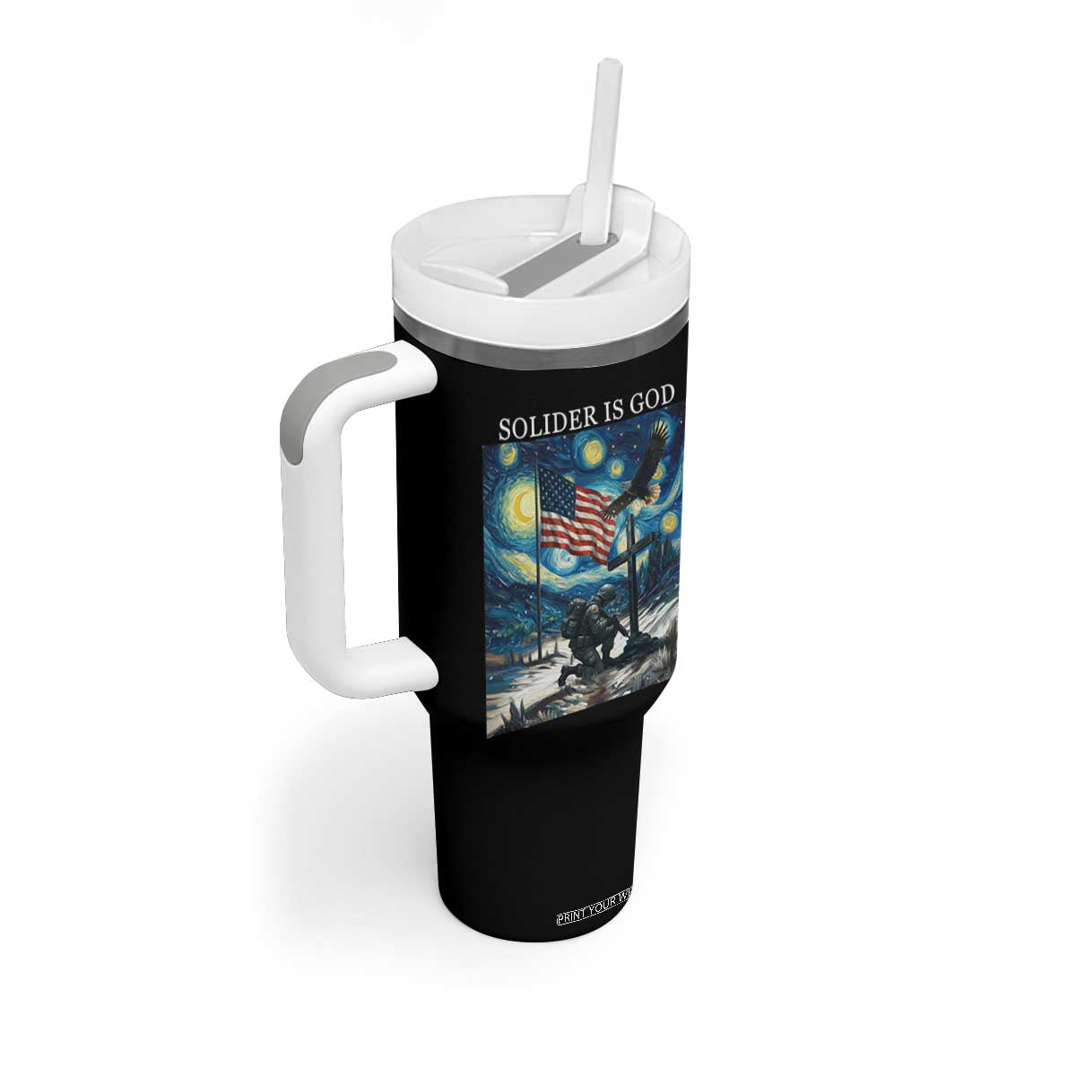 Solider Army Christian Tumbler With Handle Cross Starry Night Faith Patriotic Jesus TS14 Print Your Wear