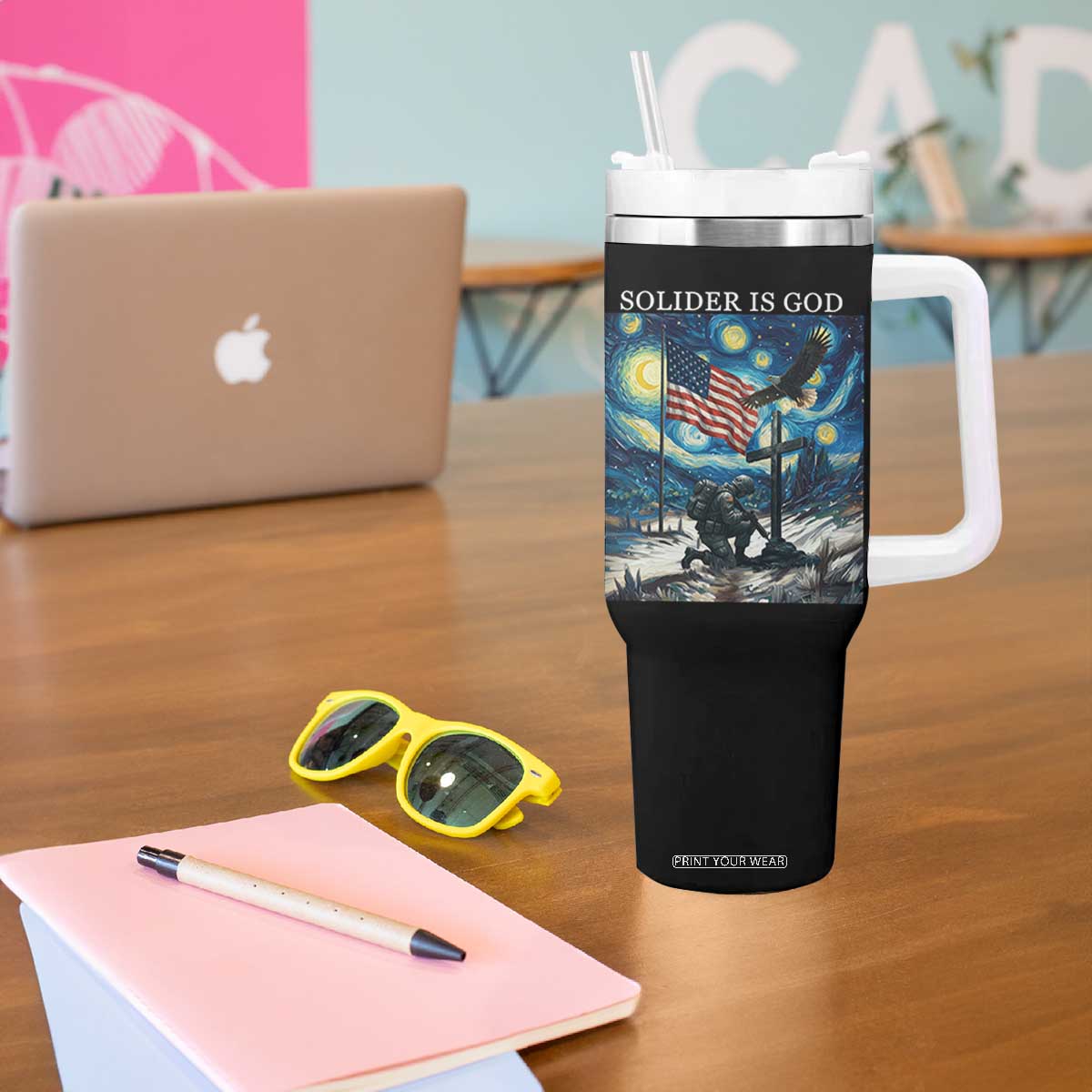 Solider Army Christian Tumbler With Handle Cross Starry Night Faith Patriotic Jesus TS14 Print Your Wear