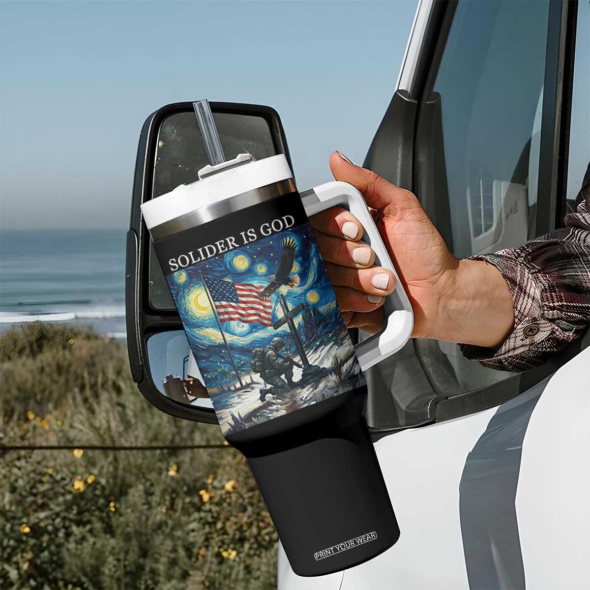 Solider Army Christian Tumbler With Handle Cross Starry Night Faith Patriotic Jesus TS14 Print Your Wear