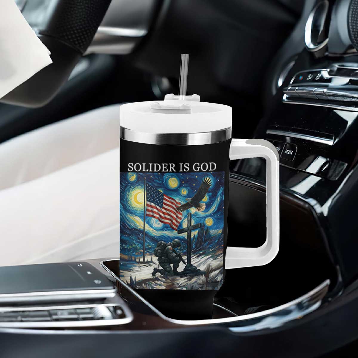 Solider Army Christian Tumbler With Handle Cross Starry Night Faith Patriotic Jesus TS14 Print Your Wear