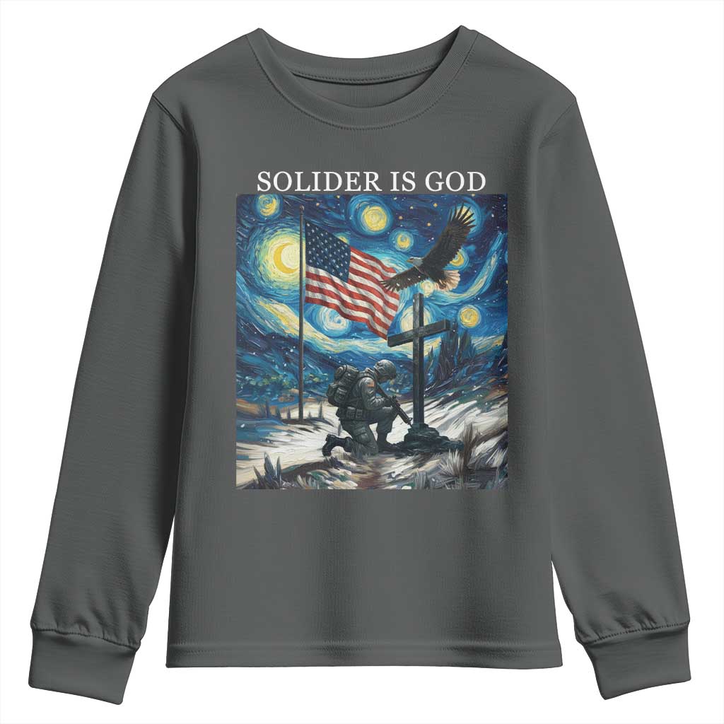 Solider Army Christian Youth Sweatshirt Cross Starry Night Faith Patriotic Jesus TS14 Dark Heather Print Your Wear