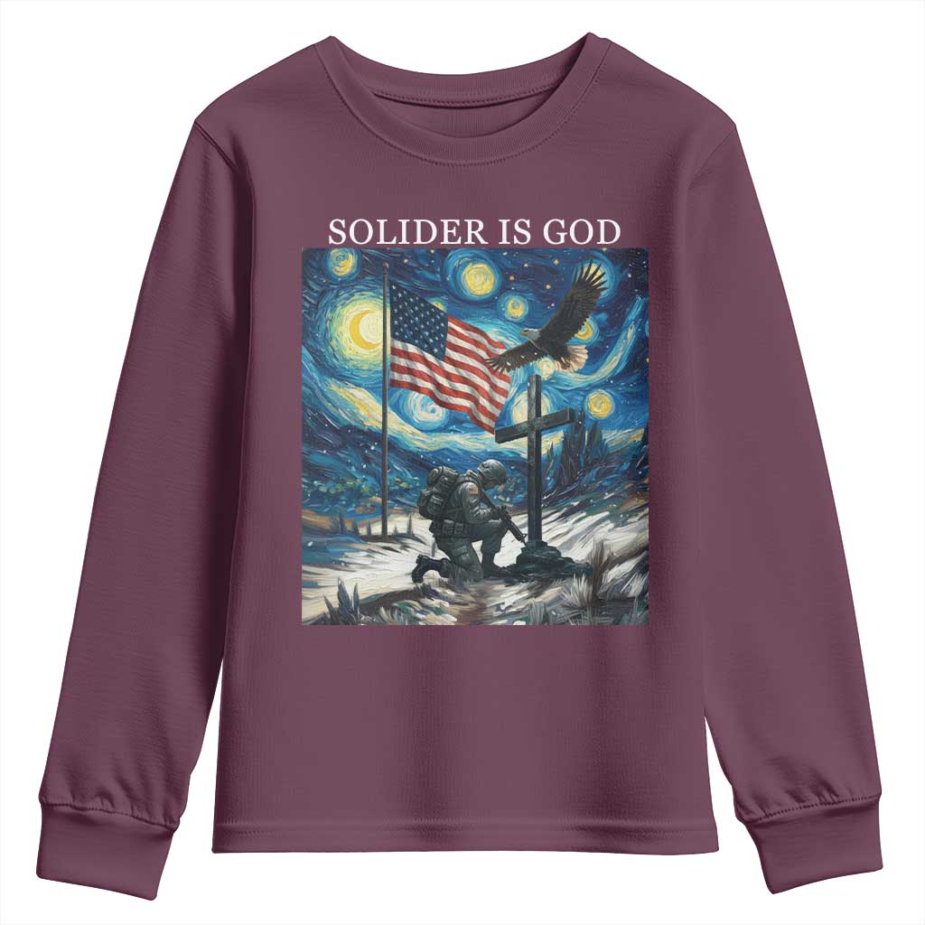 Solider Army Christian Youth Sweatshirt Cross Starry Night Faith Patriotic Jesus TS14 Maroon Print Your Wear
