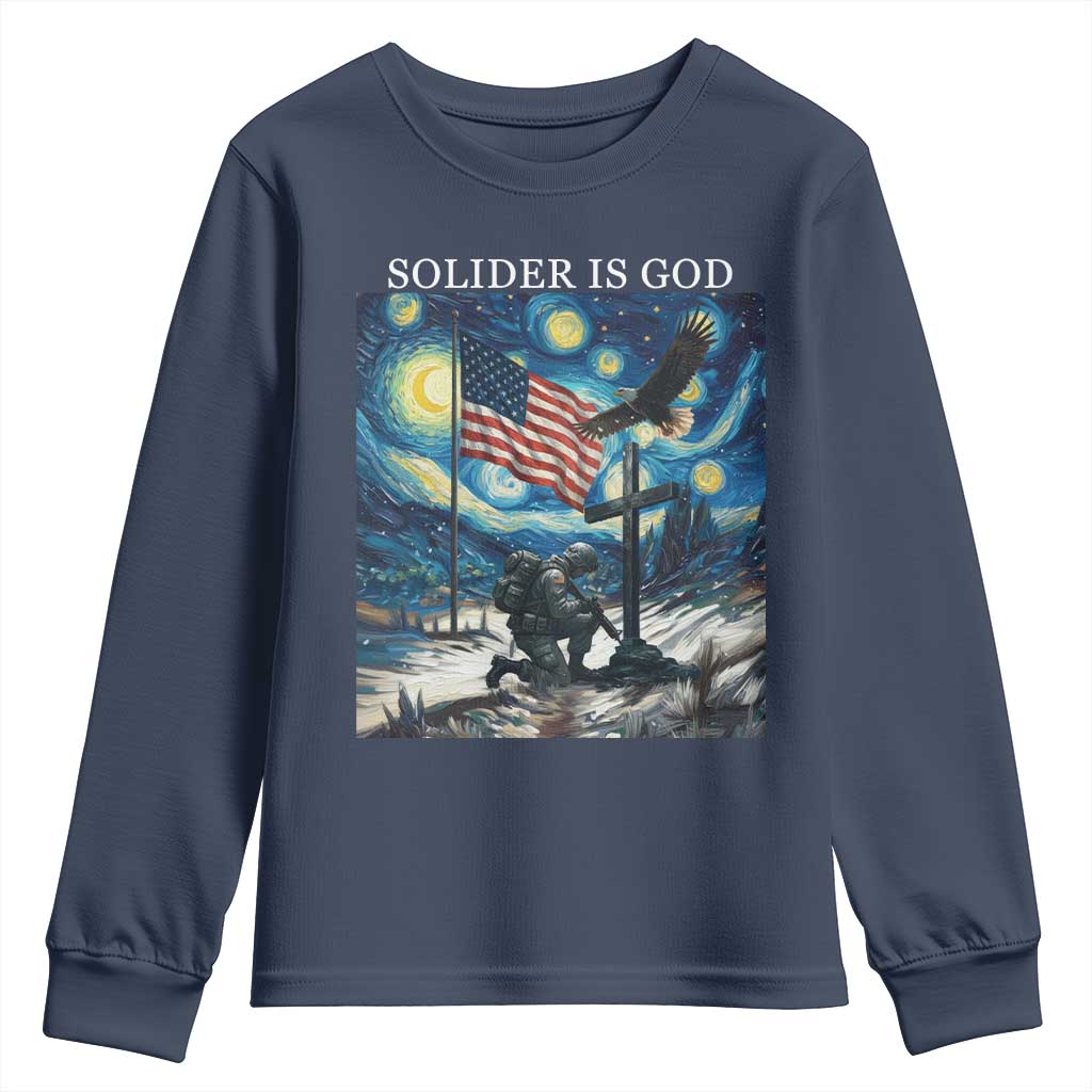 Solider Army Christian Youth Sweatshirt Cross Starry Night Faith Patriotic Jesus TS14 Navy Print Your Wear