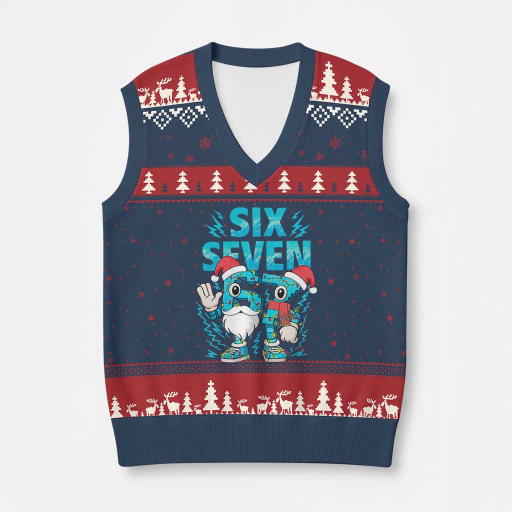 67 Six Seven Xmas V-Neck Knit Sweater Vest Funny Italian Brainrot Meme TS14 Navy Red Print Your Wear