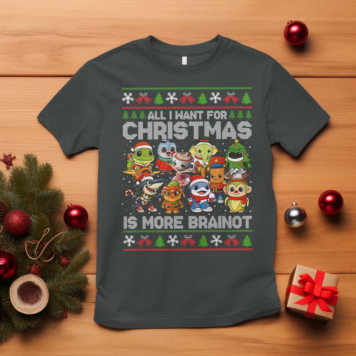 Italian Brainrot Christmas Meme T Shirt All I Want For Xmas Is More Brainot TS14 Dark Heather Print Your Wear