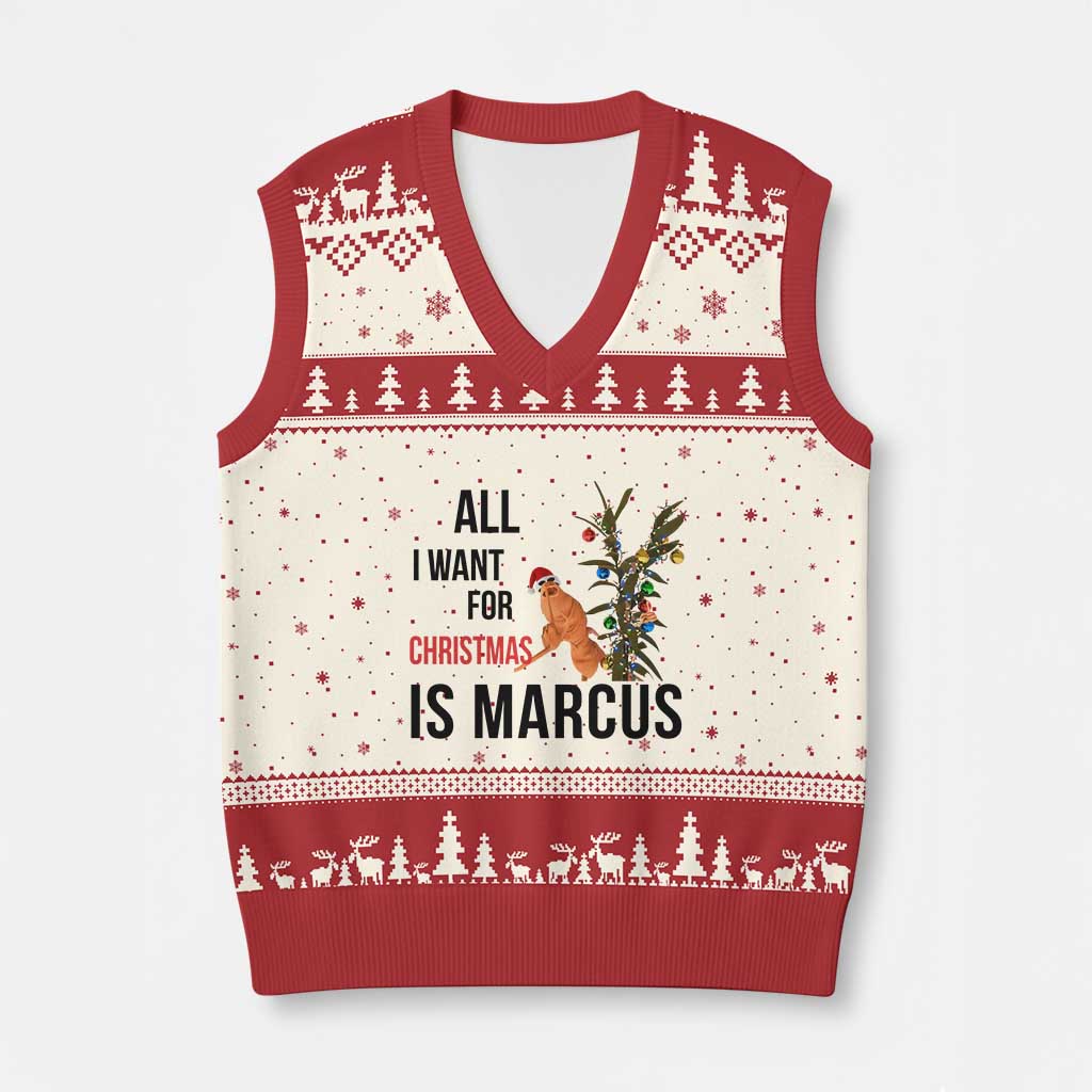 Marcus The Worm Robert Meme V-Neck Knit Sweater Vest All I Want For Xmas Is Marcus TS14 Beige Red Print Your Wear