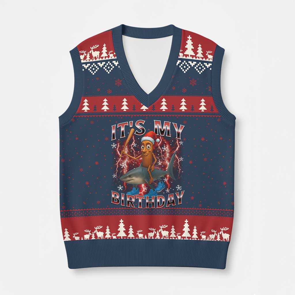 Italian Brainrot Xmas Meme V-Neck Knit Sweater Vest It Is My Birthday TS14 Navy Red Print Your Wear