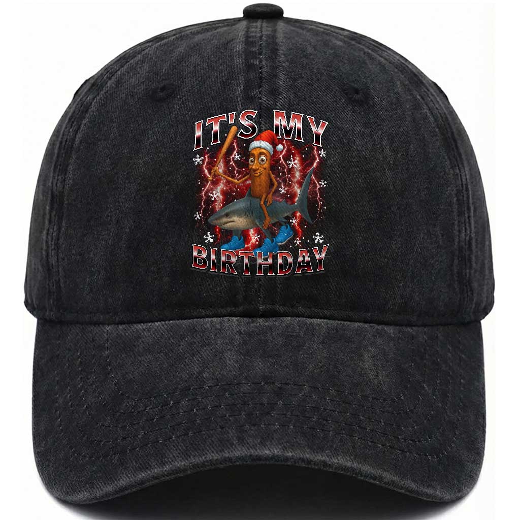 Italian Brainrot Christmas Meme Washed Cotton Baseball Cap It Is My Birthday TS14 Washed Cap Universal Fit Black Print Your Wear