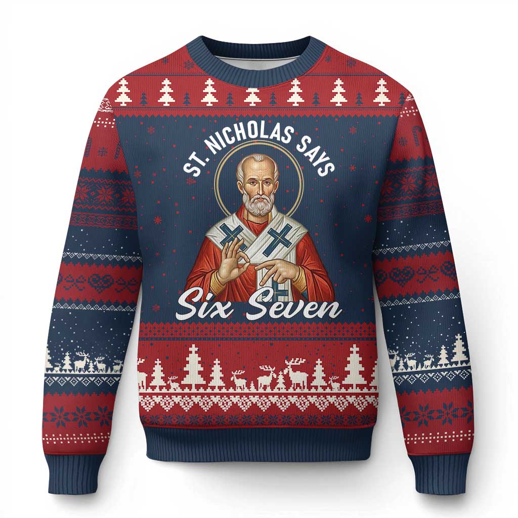 Funny Six Seven Meme Ugly Christmas Sweater Saint Nicholas Says 67 Gen Alpha Slang TS14 Navy Red Print Your Wear