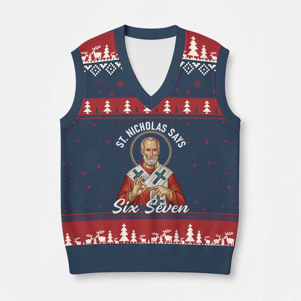 Funny Six Seven Meme V-Neck Knit Sweater Vest Saint Nicholas Says 67 Gen Alpha Slang TS14 Navy Red Print Your Wear