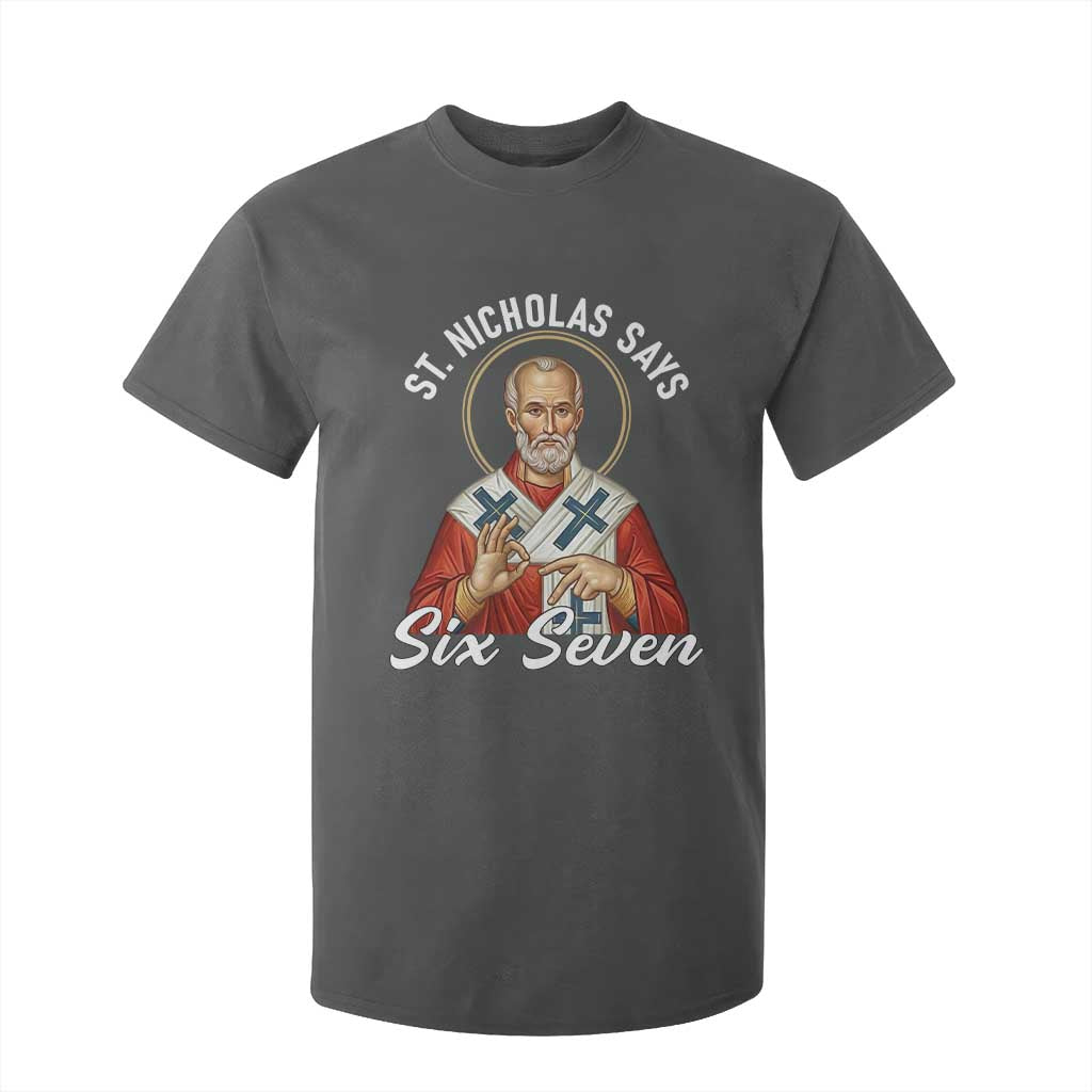 Funny Six Seven Meme T Shirt For Kid Saint Nicholas Says 67 Gen Alpha Slang TS14 Dark Heather Print Your Wear