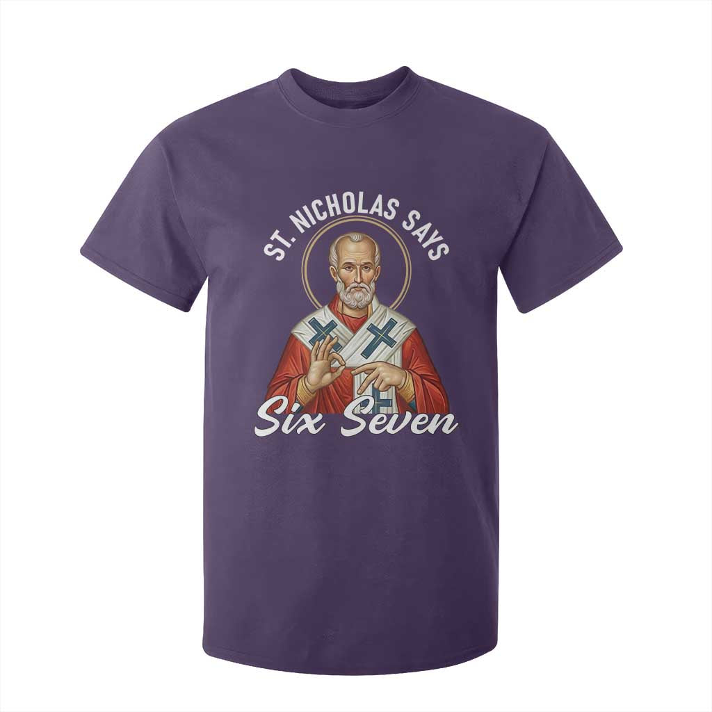 Funny Six Seven Meme T Shirt For Kid Saint Nicholas Says 67 Gen Alpha Slang TS14 Purple Print Your Wear