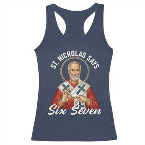 Funny Six Seven Meme Racerback Tank Top Saint Nicholas Says 67 Gen Alpha Slang TS14 Navy Print Your Wear