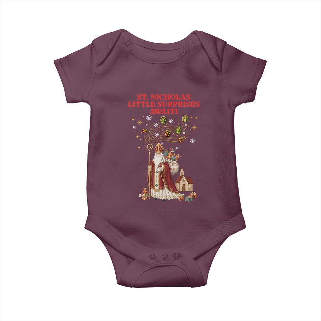 Saint Nicholas Santa Claus Christmas Baby Onesie Little Surprises Awaiti TS14 Maroon Print Your Wear