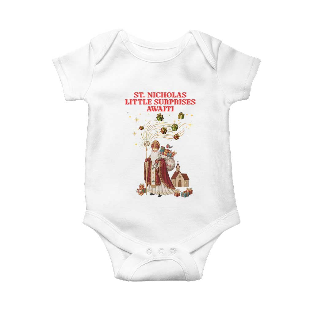 Saint Nicholas Santa Claus Christmas Baby Onesie Little Surprises Awaiti TS14 White Print Your Wear