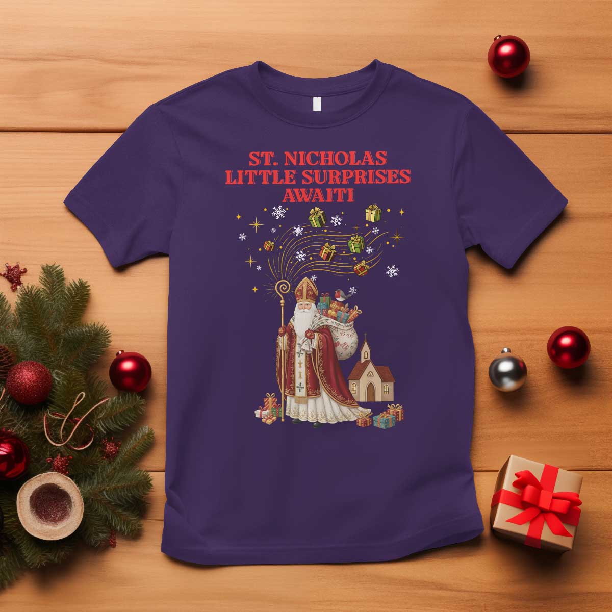 Saint Nicholas Santa Claus Christmas T Shirt Little Surprises Awaiti TS14 Purple Print Your Wear