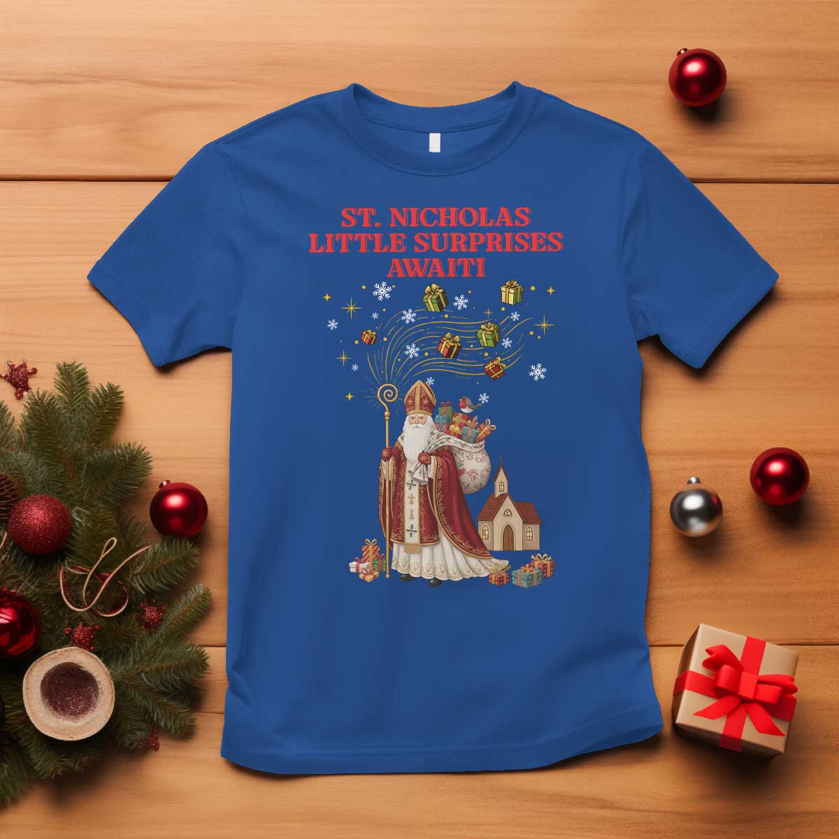 Saint Nicholas Santa Claus Christmas T Shirt Little Surprises Awaiti TS14 Royal Blue Print Your Wear