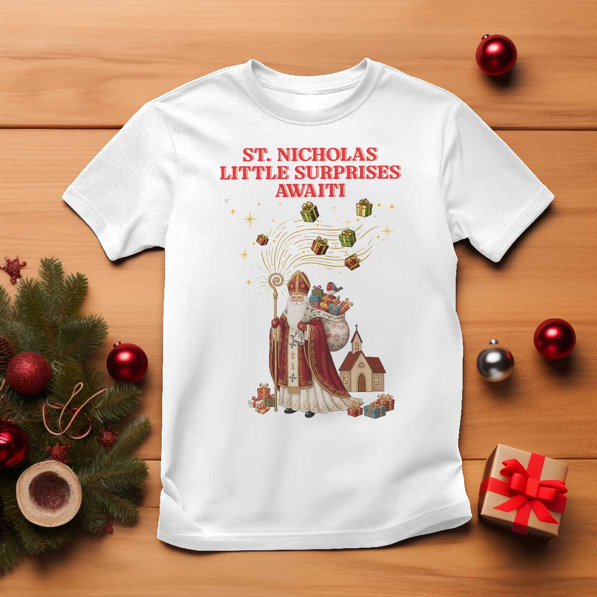 Saint Nicholas Santa Claus Christmas T Shirt Little Surprises Awaiti TS14 White Print Your Wear