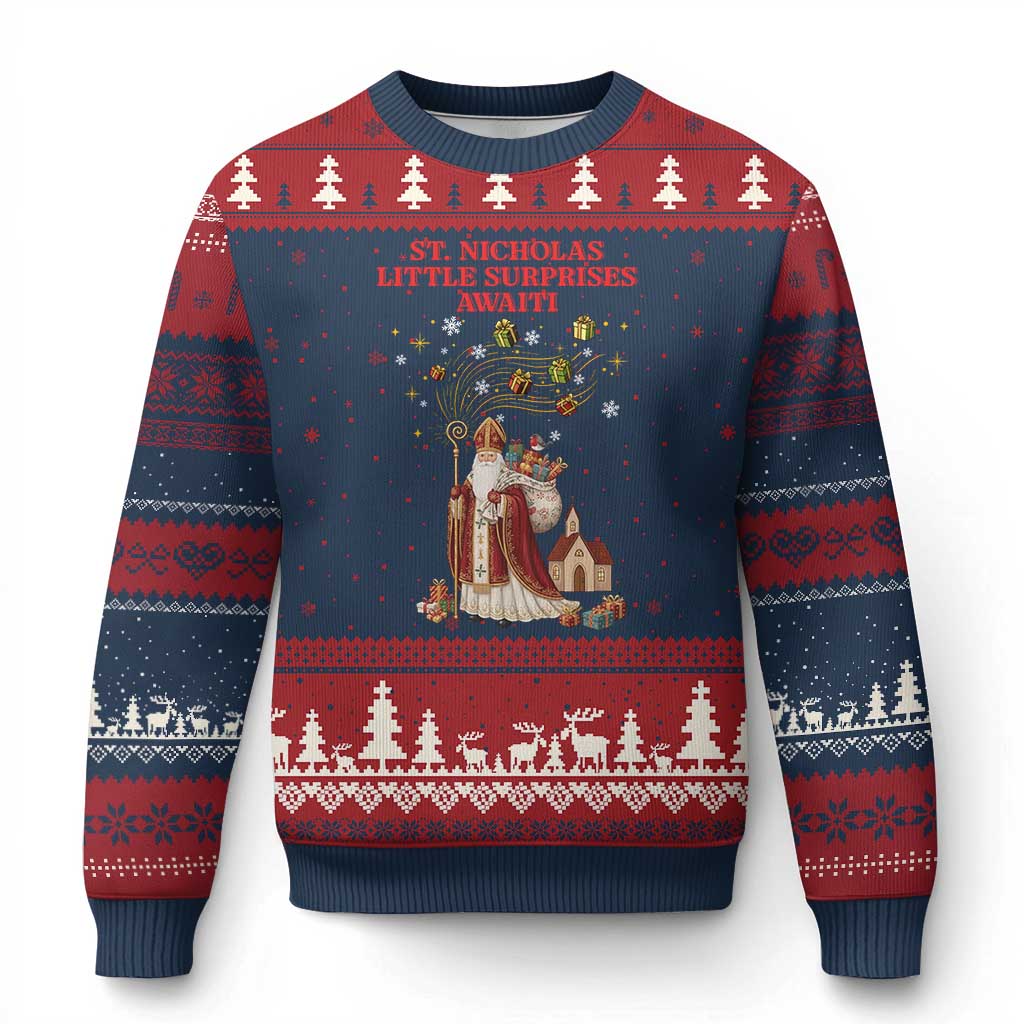 Saint Nicholas Santa Claus Xmas Ugly Christmas Sweater Little Surprises Awaiti TS14 Navy Red Print Your Wear