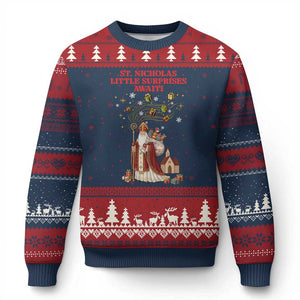 Saint Nicholas Santa Claus Xmas Ugly Christmas Sweater Little Surprises Awaiti TS14 Navy Red Print Your Wear