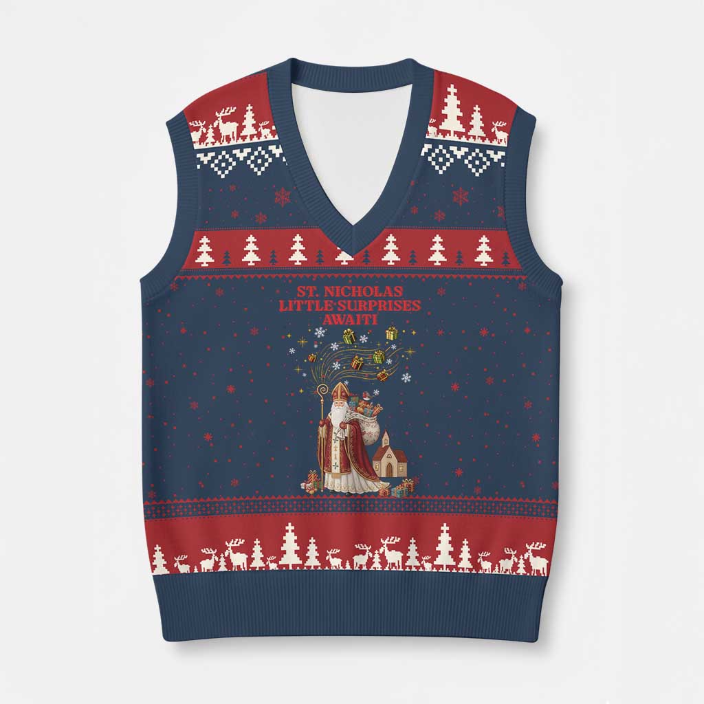 Saint Nicholas Santa Claus Xmas V-Neck Knit Sweater Vest Little Surprises Awaiti TS14 Navy Red Print Your Wear