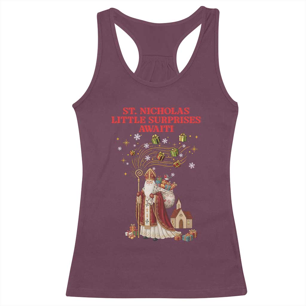 Saint Nicholas Santa Claus Christmas Racerback Tank Top Little Surprises Awaiti TS14 Maroon Print Your Wear