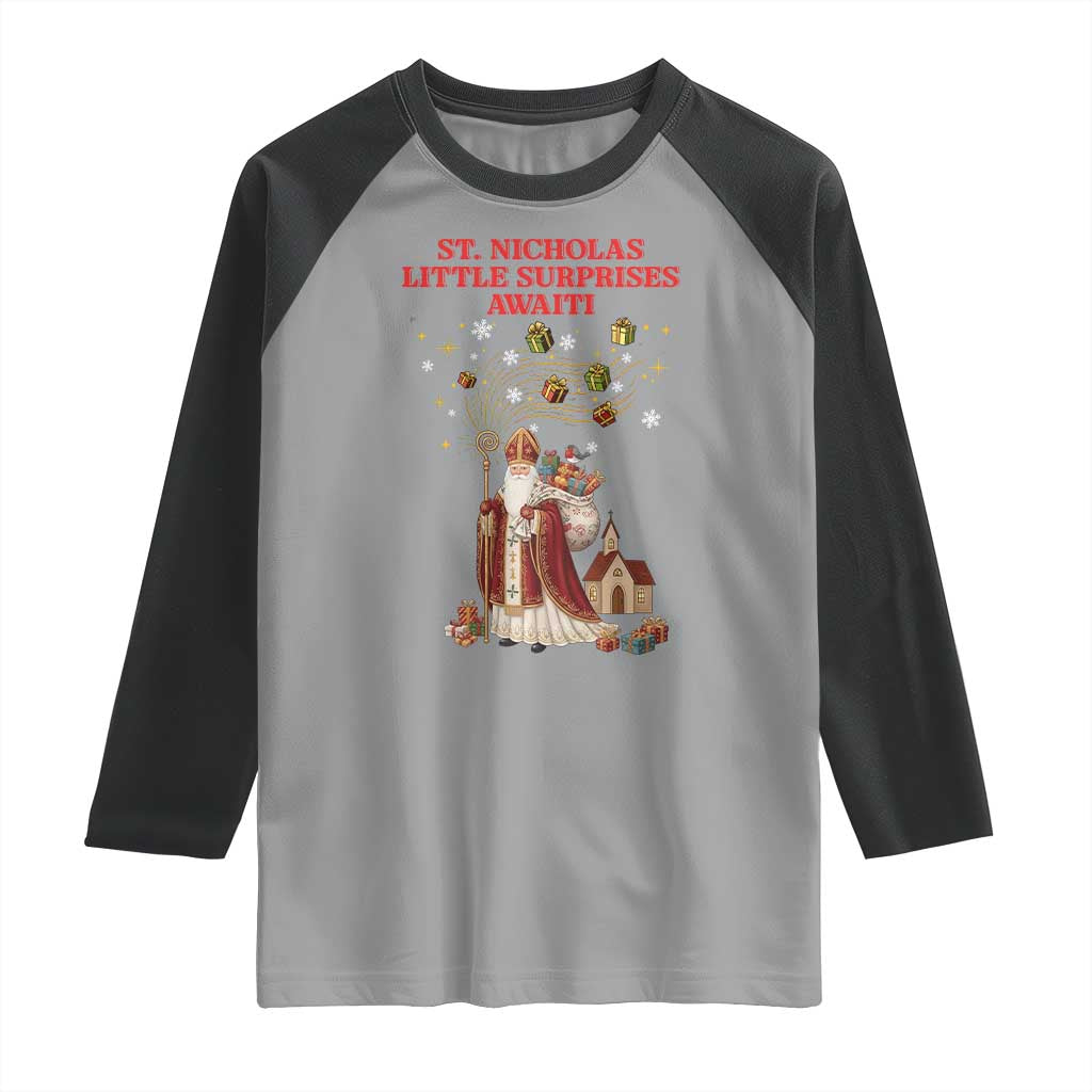 Saint Nicholas Santa Claus Christmas Raglan Shirt Little Surprises Awaiti TS14 Sport Gray Black Print Your Wear