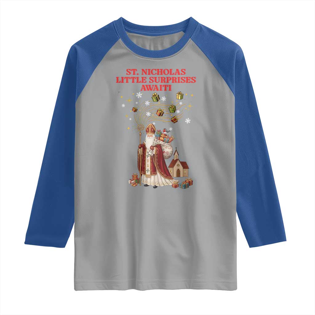 Saint Nicholas Santa Claus Christmas Raglan Shirt Little Surprises Awaiti TS14 Sport Gray Royal Print Your Wear
