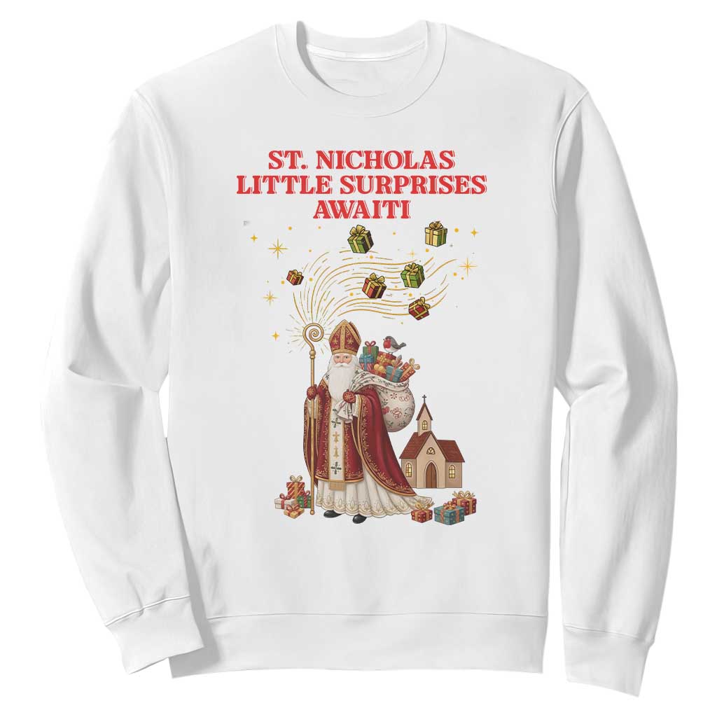 Saint Nicholas Santa Claus Christmas Sweatshirt Little Surprises Awaiti TS14 White Print Your Wear