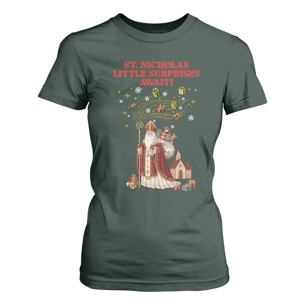 Saint Nicholas Santa Claus Christmas T Shirt For Women Little Surprises Awaiti TS14 Dark Forest Green Print Your Wear
