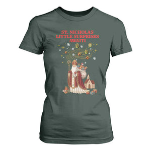 Saint Nicholas Santa Claus Christmas T Shirt For Women Little Surprises Awaiti TS14 Dark Forest Green Print Your Wear