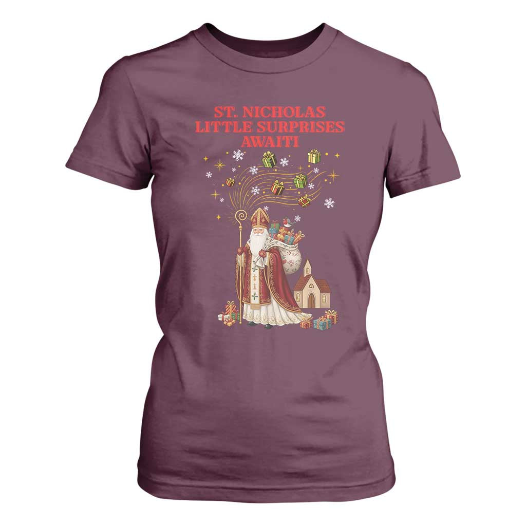 Saint Nicholas Santa Claus Christmas T Shirt For Women Little Surprises Awaiti TS14 Maroon Print Your Wear