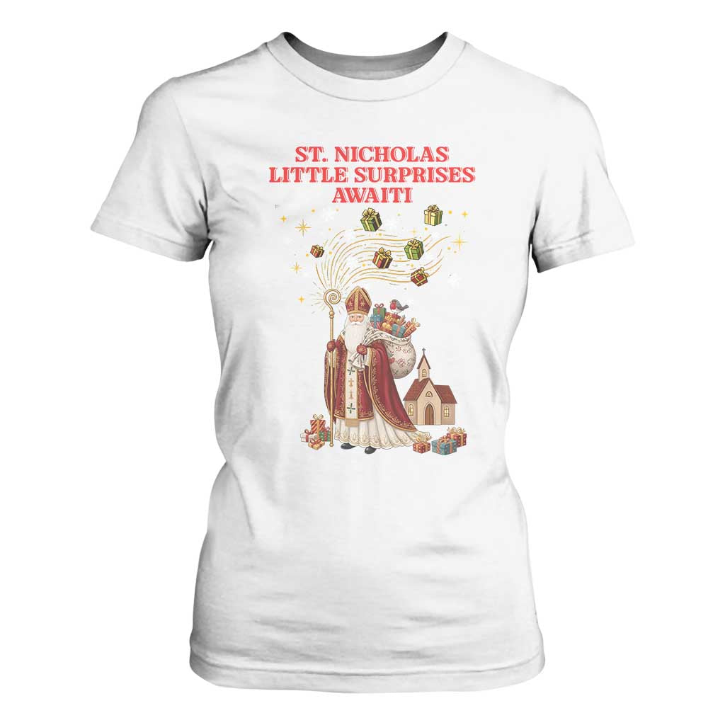 Saint Nicholas Santa Claus Christmas T Shirt For Women Little Surprises Awaiti TS14 White Print Your Wear