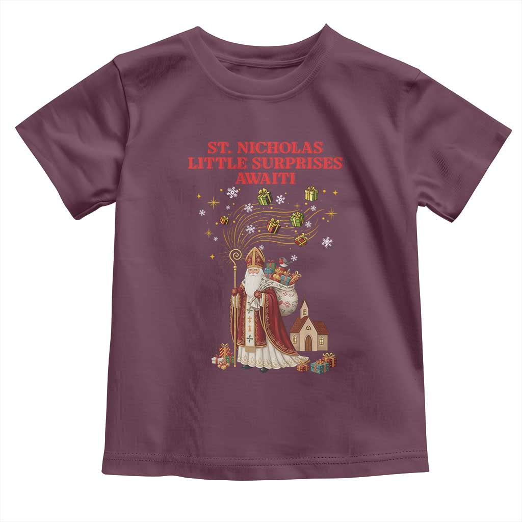 Saint Nicholas Santa Claus Christmas Toddler T Shirt Little Surprises Awaiti TS14 Maroon Print Your Wear