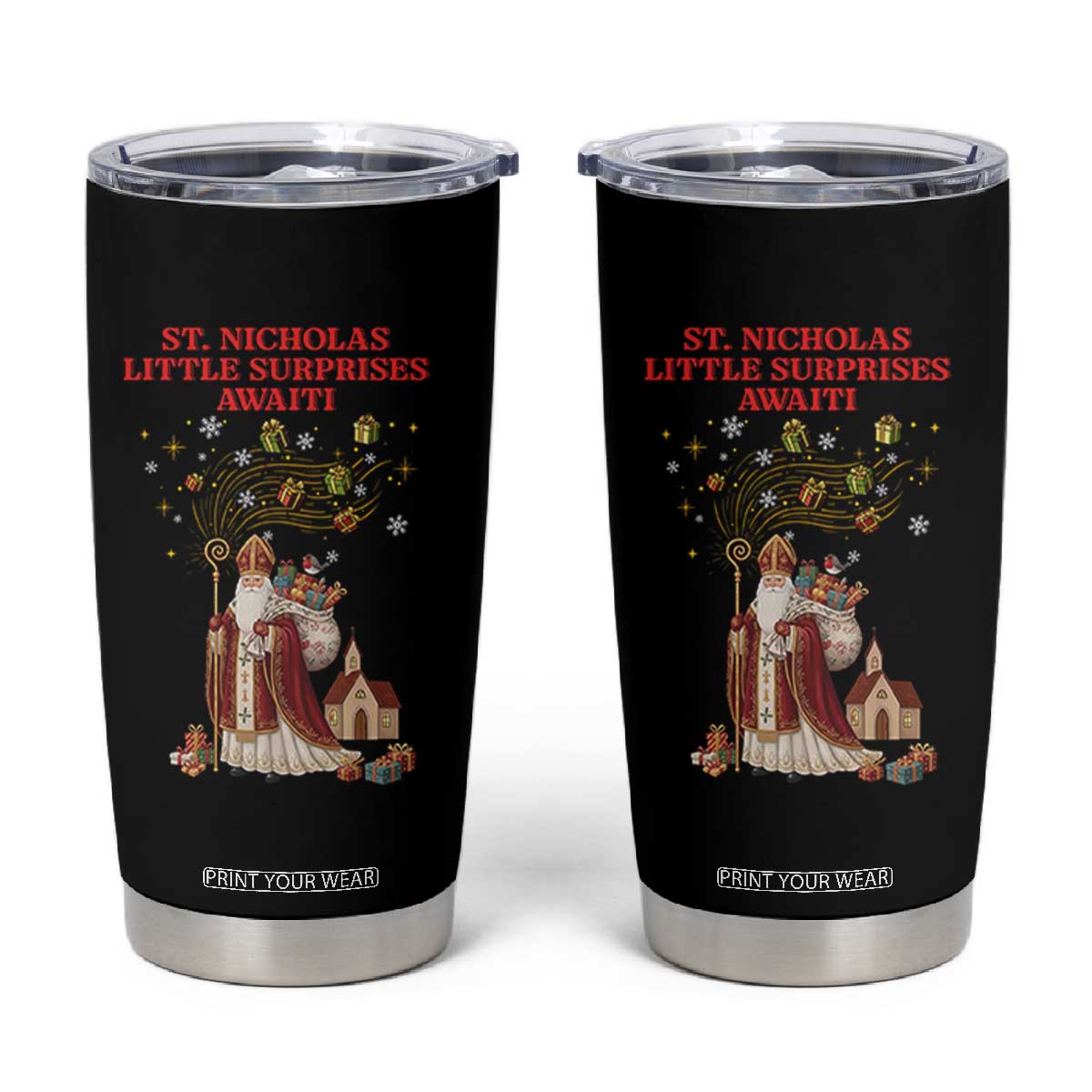 Saint Nicholas Santa Claus Christmas Tumbler Cup Little Surprises Awaiti TS14 Black Print Your Wear