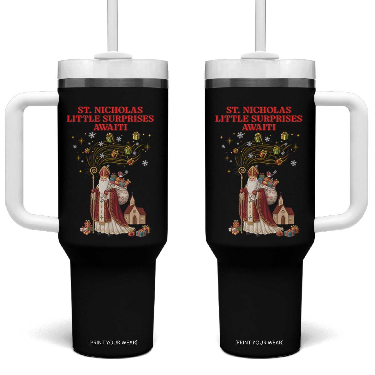 Saint Nicholas Santa Claus Christmas Tumbler With Handle Little Surprises Awaiti TS14 One Size: 40 oz Black Print Your Wear