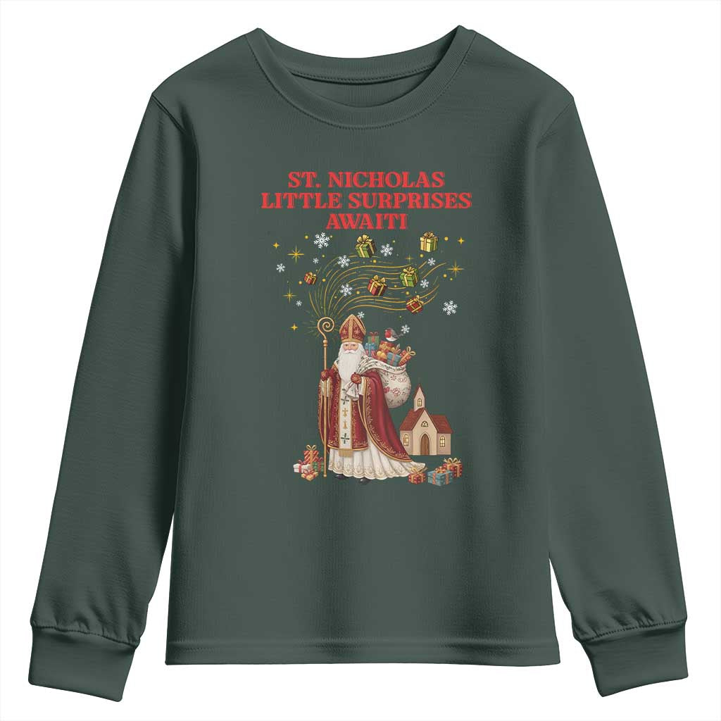 Saint Nicholas Santa Claus Christmas Youth Sweatshirt Little Surprises Awaiti TS14 Dark Forest Green Print Your Wear